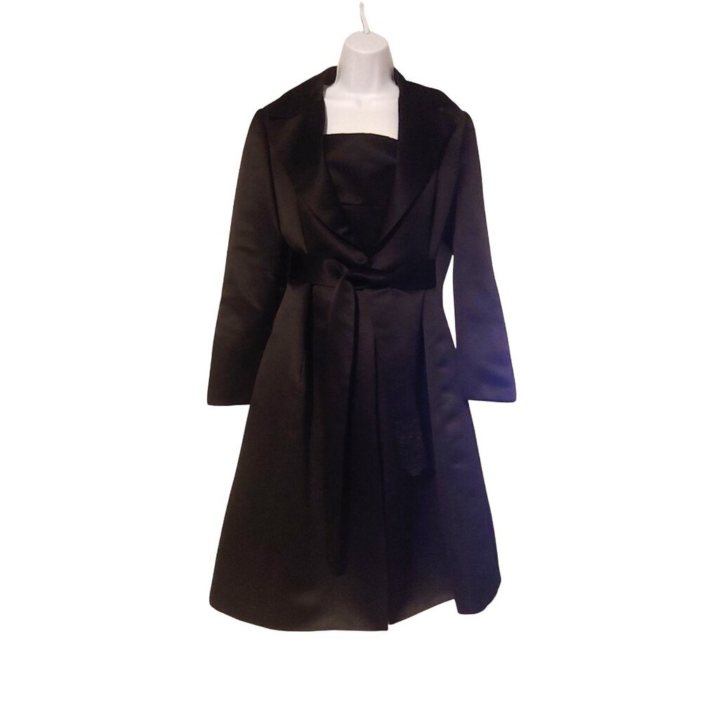 Talbots Dress + Coat Set Black Thick Satin Lined Beaded Belt Pockets 8